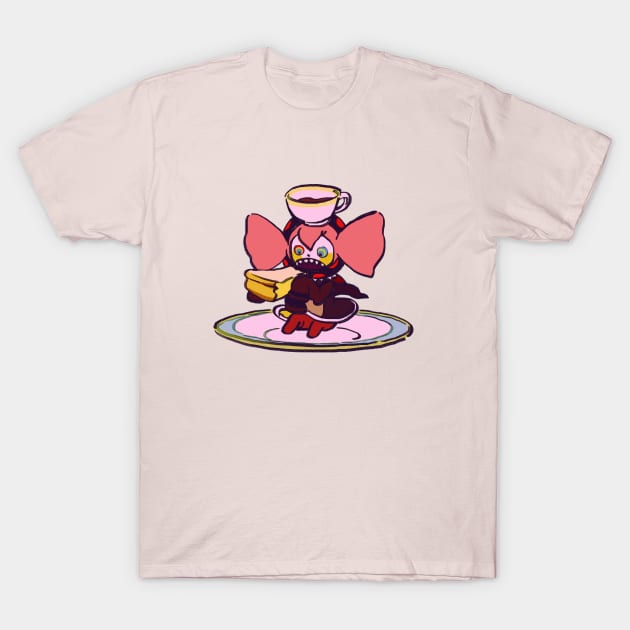 pink pastel charlotte eating cheesecake and coffee on a plate / madoka magica T-Shirt by mudwizard